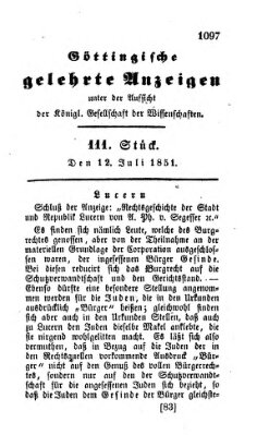 Göttingische gelehrte Anzeigen (Göttingische Zeitungen von gelehrten Sachen) Samstag 12. Juli 1851