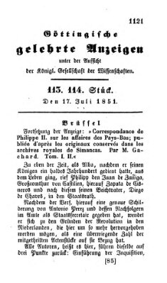 Göttingische gelehrte Anzeigen (Göttingische Zeitungen von gelehrten Sachen) Donnerstag 17. Juli 1851