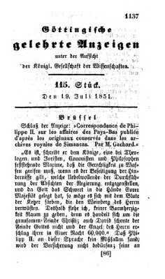 Göttingische gelehrte Anzeigen (Göttingische Zeitungen von gelehrten Sachen) Samstag 19. Juli 1851