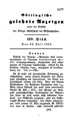 Göttingische gelehrte Anzeigen (Göttingische Zeitungen von gelehrten Sachen) Samstag 26. Juli 1851