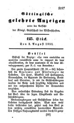 Göttingische gelehrte Anzeigen (Göttingische Zeitungen von gelehrten Sachen) Samstag 2. August 1851