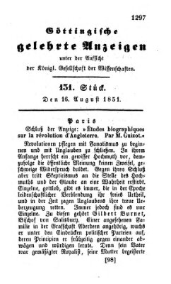 Göttingische gelehrte Anzeigen (Göttingische Zeitungen von gelehrten Sachen) Samstag 16. August 1851