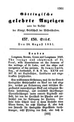 Göttingische gelehrte Anzeigen (Göttingische Zeitungen von gelehrten Sachen) Donnerstag 28. August 1851