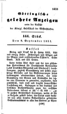 Göttingische gelehrte Anzeigen (Göttingische Zeitungen von gelehrten Sachen) Montag 8. September 1851