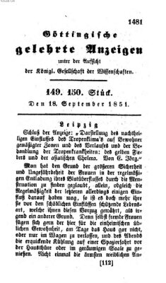 Göttingische gelehrte Anzeigen (Göttingische Zeitungen von gelehrten Sachen) Donnerstag 18. September 1851