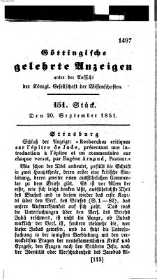 Göttingische gelehrte Anzeigen (Göttingische Zeitungen von gelehrten Sachen) Samstag 20. September 1851