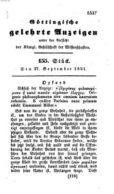 Göttingische gelehrte Anzeigen (Göttingische Zeitungen von gelehrten Sachen) Samstag 27. September 1851