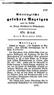 Göttingische gelehrte Anzeigen (Göttingische Zeitungen von gelehrten Sachen) Samstag 1. November 1851