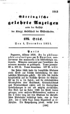 Göttingische gelehrte Anzeigen (Göttingische Zeitungen von gelehrten Sachen) Montag 1. Dezember 1851