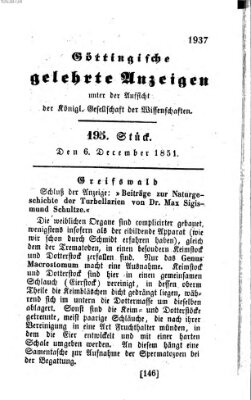 Göttingische gelehrte Anzeigen (Göttingische Zeitungen von gelehrten Sachen) Samstag 6. Dezember 1851