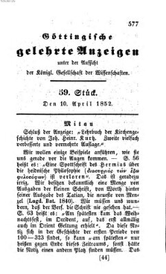 Göttingische gelehrte Anzeigen (Göttingische Zeitungen von gelehrten Sachen) Samstag 10. April 1852