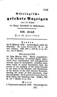 Göttingische gelehrte Anzeigen (Göttingische Zeitungen von gelehrten Sachen) Montag 19. Juli 1852