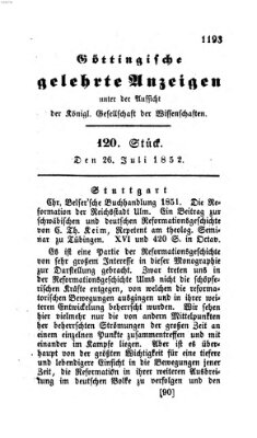 Göttingische gelehrte Anzeigen (Göttingische Zeitungen von gelehrten Sachen) Montag 26. Juli 1852