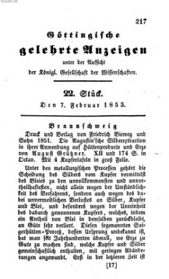 Göttingische gelehrte Anzeigen (Göttingische Zeitungen von gelehrten Sachen) Montag 7. Februar 1853