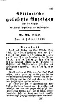 Göttingische gelehrte Anzeigen (Göttingische Zeitungen von gelehrten Sachen) Donnerstag 10. Februar 1853