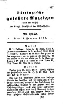 Göttingische gelehrte Anzeigen (Göttingische Zeitungen von gelehrten Sachen) Montag 14. Februar 1853