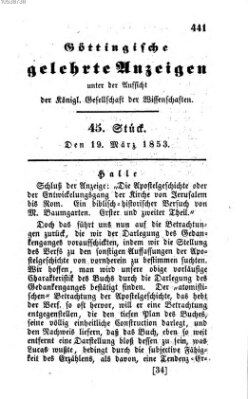 Göttingische gelehrte Anzeigen (Göttingische Zeitungen von gelehrten Sachen) Samstag 19. März 1853