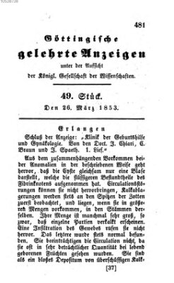 Göttingische gelehrte Anzeigen (Göttingische Zeitungen von gelehrten Sachen) Samstag 26. März 1853