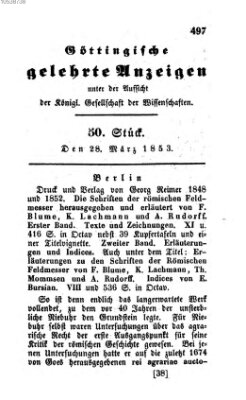 Göttingische gelehrte Anzeigen (Göttingische Zeitungen von gelehrten Sachen) Montag 28. März 1853