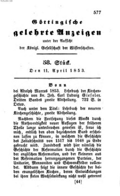 Göttingische gelehrte Anzeigen (Göttingische Zeitungen von gelehrten Sachen) Montag 11. April 1853