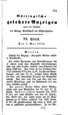 Göttingische gelehrte Anzeigen (Göttingische Zeitungen von gelehrten Sachen) Samstag 7. Mai 1853