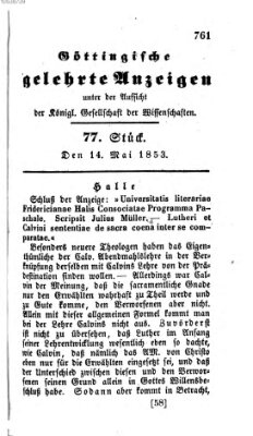 Göttingische gelehrte Anzeigen (Göttingische Zeitungen von gelehrten Sachen) Samstag 14. Mai 1853