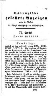 Göttingische gelehrte Anzeigen (Göttingische Zeitungen von gelehrten Sachen) Montag 16. Mai 1853