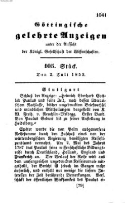 Göttingische gelehrte Anzeigen (Göttingische Zeitungen von gelehrten Sachen) Samstag 2. Juli 1853