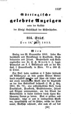 Göttingische gelehrte Anzeigen (Göttingische Zeitungen von gelehrten Sachen) Montag 18. Juli 1853