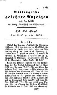 Göttingische gelehrte Anzeigen (Göttingische Zeitungen von gelehrten Sachen) Donnerstag 29. September 1853