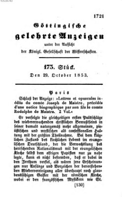 Göttingische gelehrte Anzeigen (Göttingische Zeitungen von gelehrten Sachen) Samstag 29. Oktober 1853