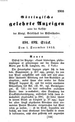 Göttingische gelehrte Anzeigen (Göttingische Zeitungen von gelehrten Sachen) Donnerstag 1. Dezember 1853