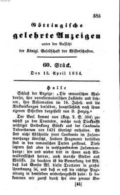 Göttingische gelehrte Anzeigen (Göttingische Zeitungen von gelehrten Sachen) Samstag 15. April 1854