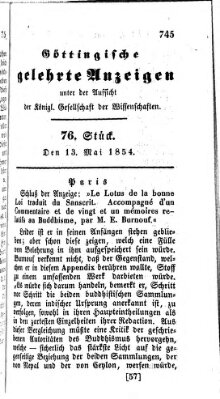 Göttingische gelehrte Anzeigen (Göttingische Zeitungen von gelehrten Sachen) Samstag 13. Mai 1854