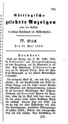 Göttingische gelehrte Anzeigen (Göttingische Zeitungen von gelehrten Sachen) Montag 15. Mai 1854