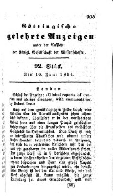 Göttingische gelehrte Anzeigen (Göttingische Zeitungen von gelehrten Sachen) Samstag 10. Juni 1854