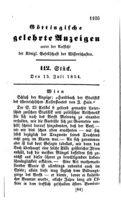 Göttingische gelehrte Anzeigen (Göttingische Zeitungen von gelehrten Sachen) Samstag 15. Juli 1854