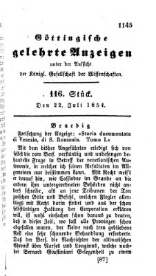 Göttingische gelehrte Anzeigen (Göttingische Zeitungen von gelehrten Sachen) Samstag 22. Juli 1854