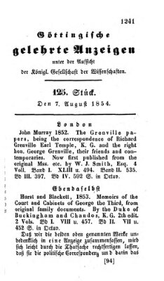 Göttingische gelehrte Anzeigen (Göttingische Zeitungen von gelehrten Sachen) Montag 7. August 1854