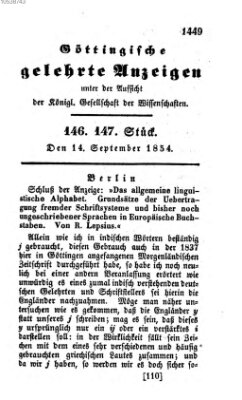 Göttingische gelehrte Anzeigen (Göttingische Zeitungen von gelehrten Sachen) Donnerstag 14. September 1854