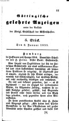 Göttingische gelehrte Anzeigen (Göttingische Zeitungen von gelehrten Sachen) Montag 8. Januar 1855