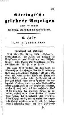 Göttingische gelehrte Anzeigen (Göttingische Zeitungen von gelehrten Sachen) Montag 15. Januar 1855