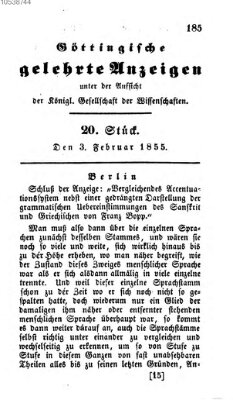 Göttingische gelehrte Anzeigen (Göttingische Zeitungen von gelehrten Sachen) Samstag 3. Februar 1855