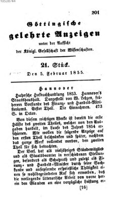 Göttingische gelehrte Anzeigen (Göttingische Zeitungen von gelehrten Sachen) Montag 5. Februar 1855