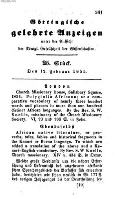 Göttingische gelehrte Anzeigen (Göttingische Zeitungen von gelehrten Sachen) Montag 12. Februar 1855