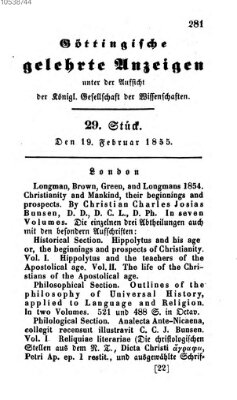 Göttingische gelehrte Anzeigen (Göttingische Zeitungen von gelehrten Sachen) Montag 19. Februar 1855