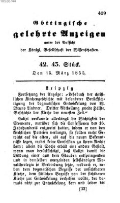 Göttingische gelehrte Anzeigen (Göttingische Zeitungen von gelehrten Sachen) Donnerstag 15. März 1855