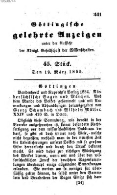 Göttingische gelehrte Anzeigen (Göttingische Zeitungen von gelehrten Sachen) Montag 19. März 1855