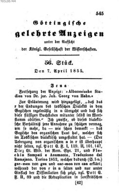 Göttingische gelehrte Anzeigen (Göttingische Zeitungen von gelehrten Sachen) Samstag 7. April 1855