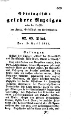 Göttingische gelehrte Anzeigen (Göttingische Zeitungen von gelehrten Sachen) Donnerstag 19. April 1855